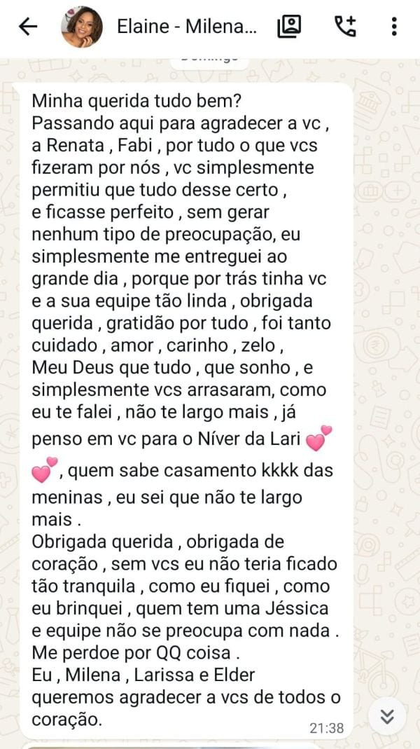 Mensagem de Elaine — Milena para a J&M