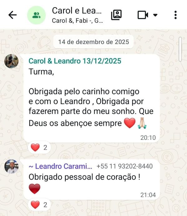 Mensagem de Carol & Leandro para a J&M